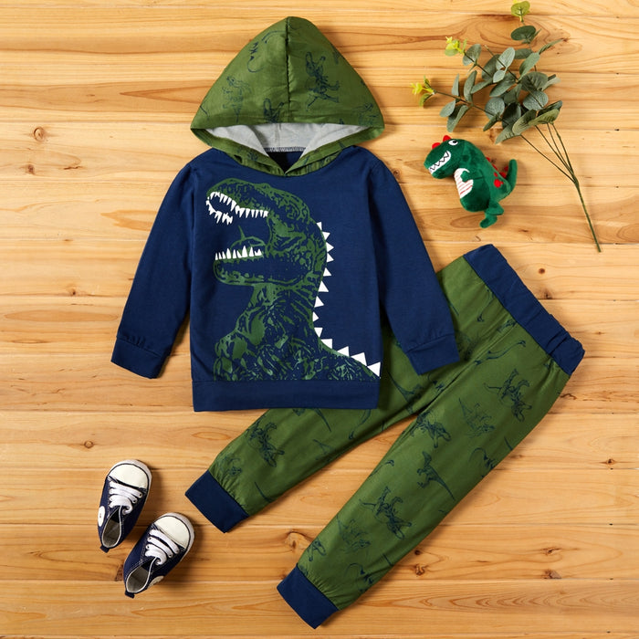 PatPat 2-piece Baby / Toddler Cartoon Dinosaur Hooded Long-sleeve Pullover and Pants Set