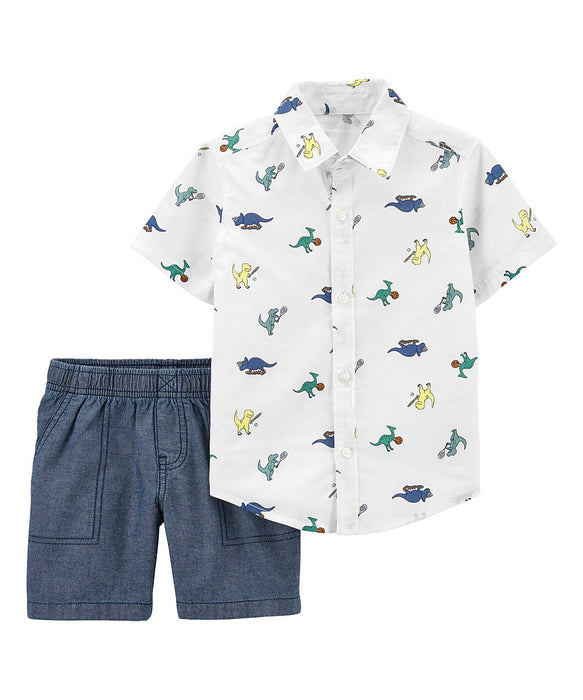 Carter's  White Dino Short-Sleeve Button-Up & Blue Shorts