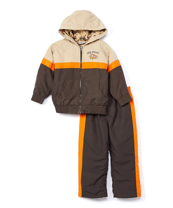 Children's Apparel Network Beige Color Block Zip-Up Hooded Jacket & Brown Pants